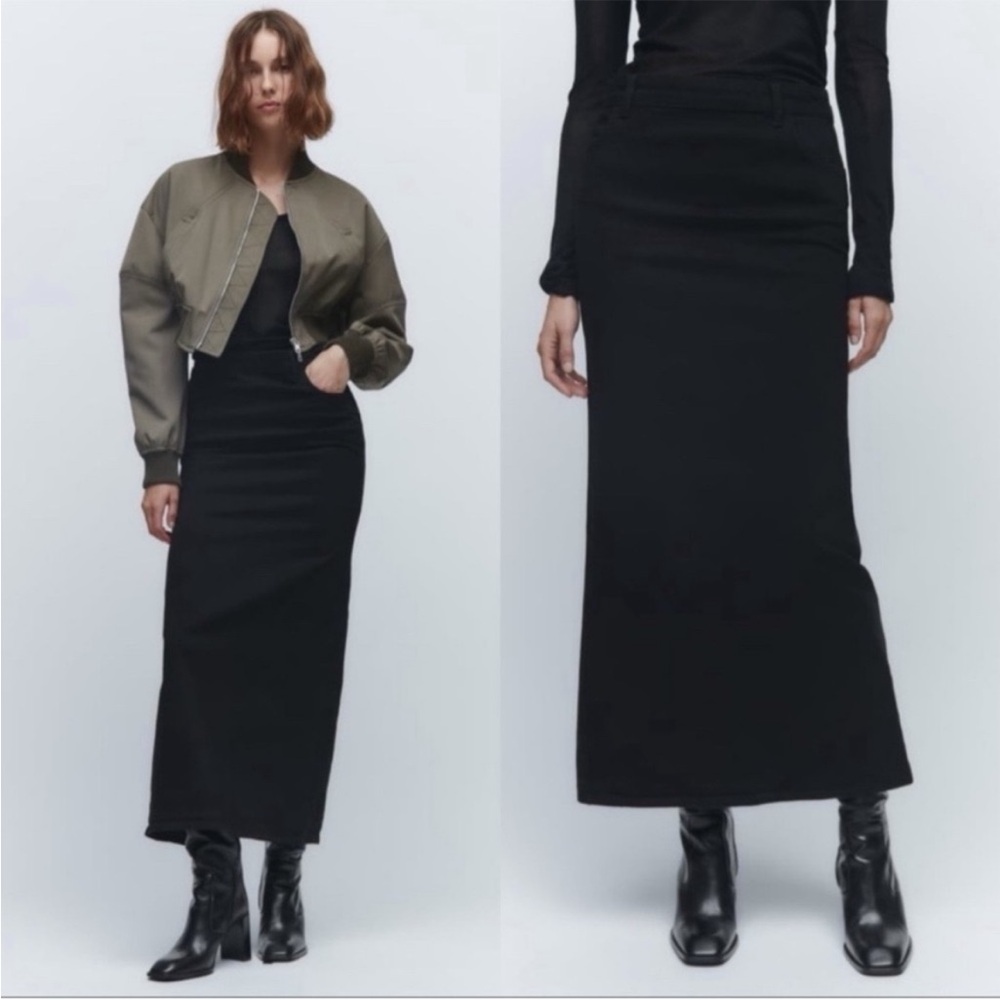Zara Denim Black Maxi Skirt Open Back Slit